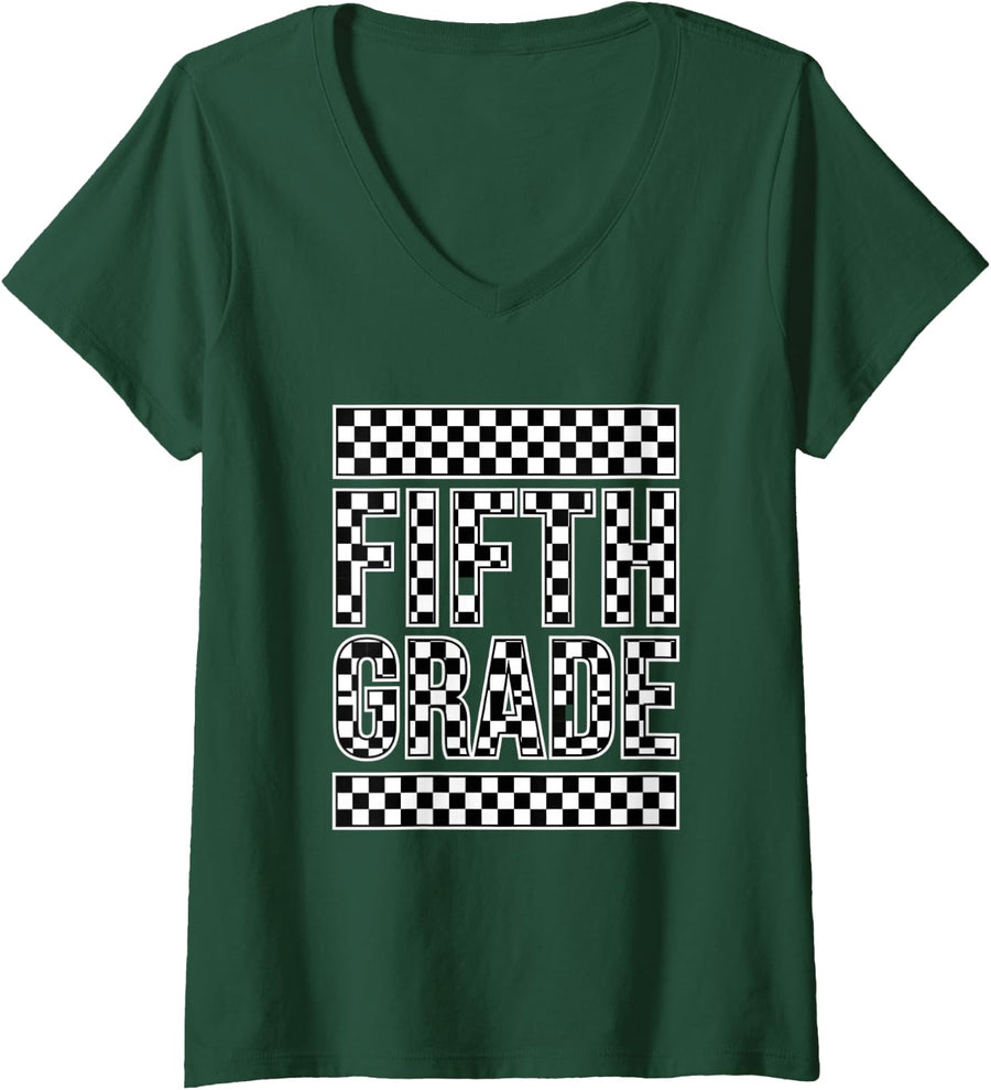 Women's Fifth Grade Checkered Back to School Kids Student V-Neck T-Shirt - Dark Green