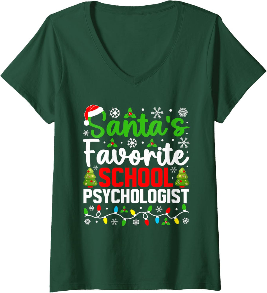 Women's Santa's Favorite School Psychologist Funny Christmas V-Neck T-Shirt - Dark Green