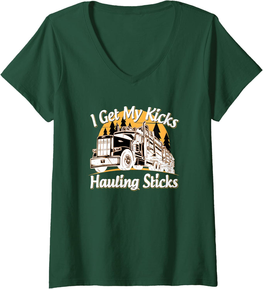 Women's Logging Truck Driver Humor Hauling Sticks Trucker V-Neck T-Shirt - Dark Green