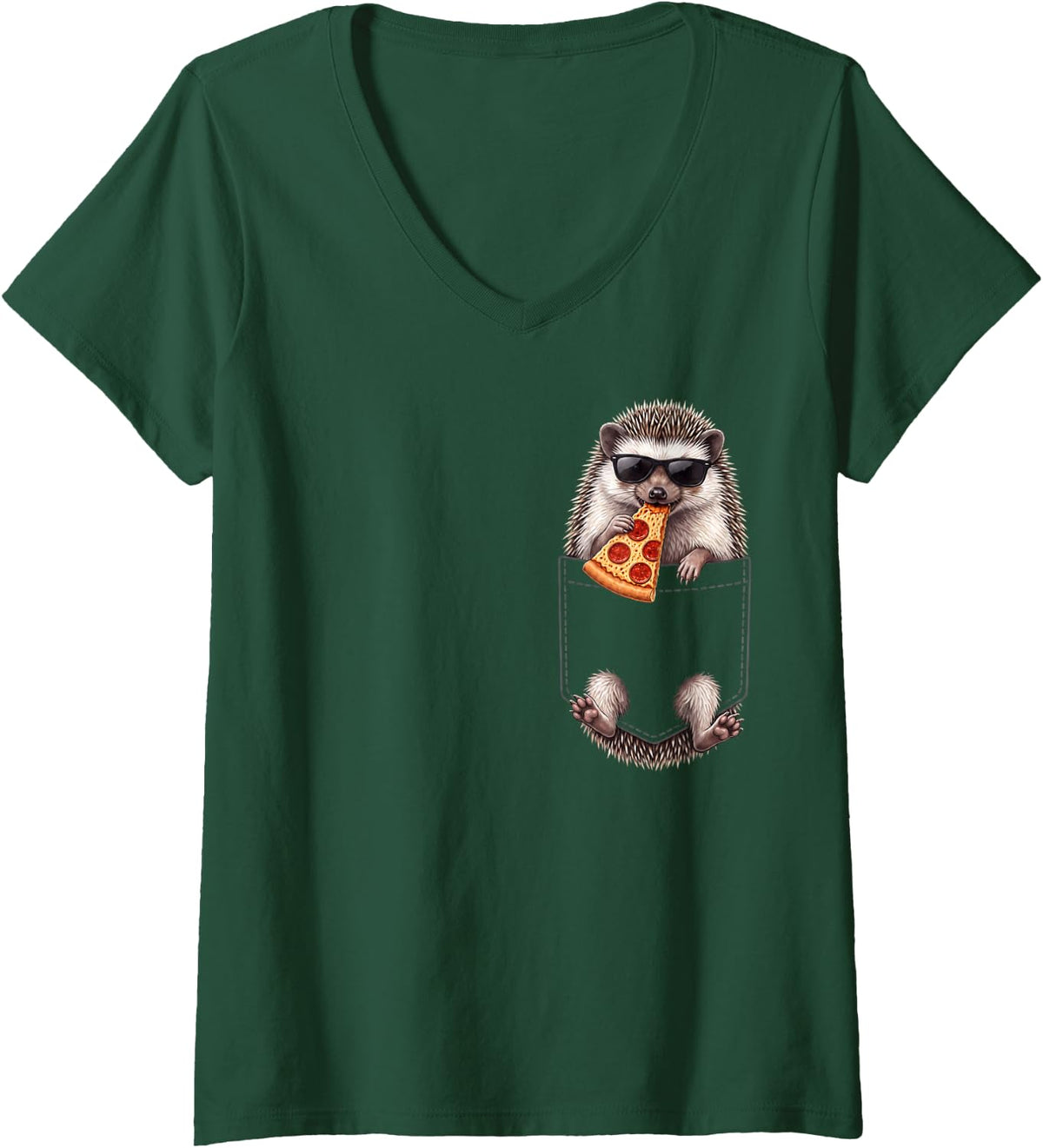 Women's Hedgehog Pocket Pizza Slice Italian Food Lover V-Neck T-Shirt - Dark Green