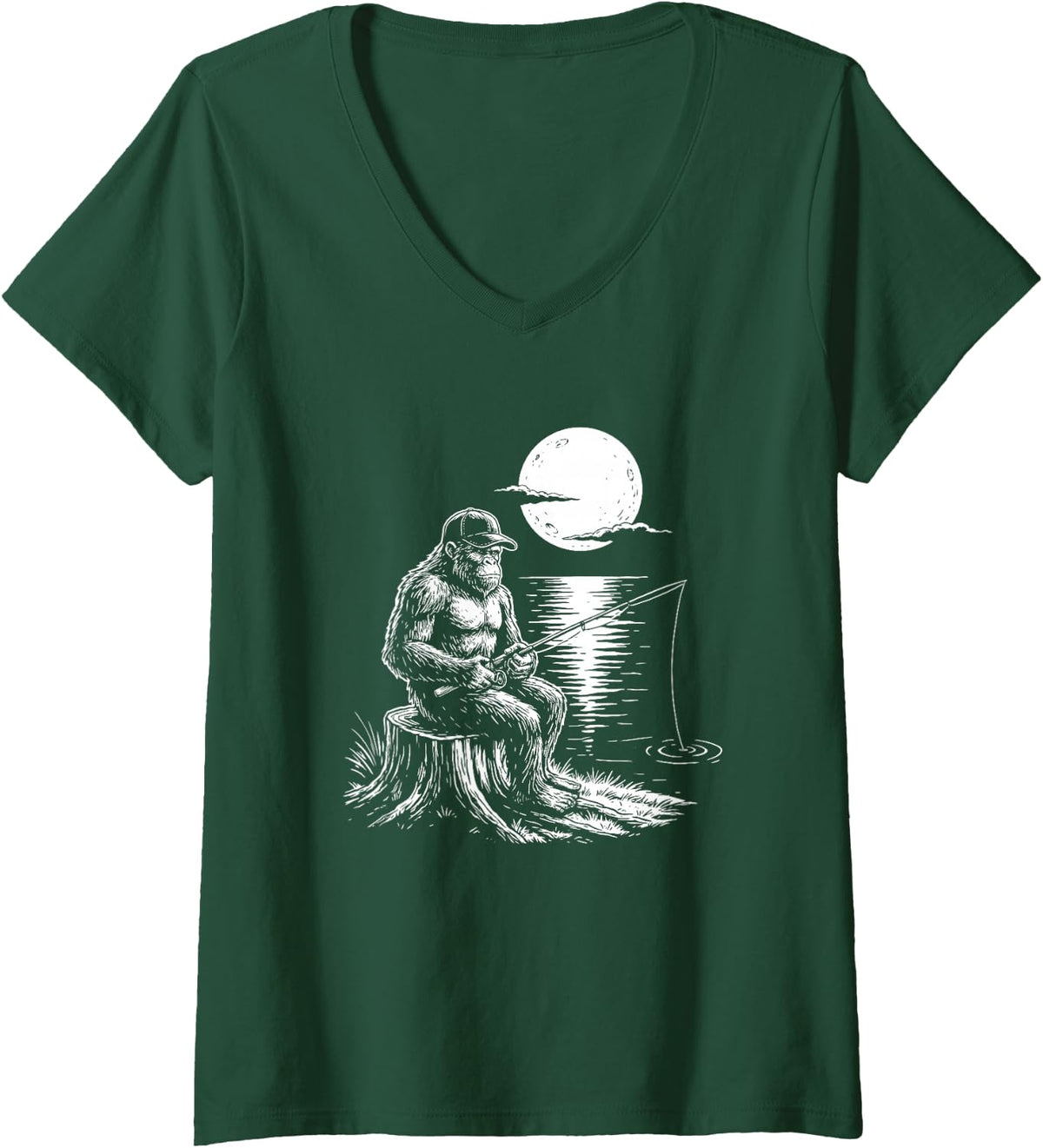 Women's Sasquatch Night Fishing Bigfoot Catfishing Angler Grandpa V-Neck T-Shirt - Dark Green