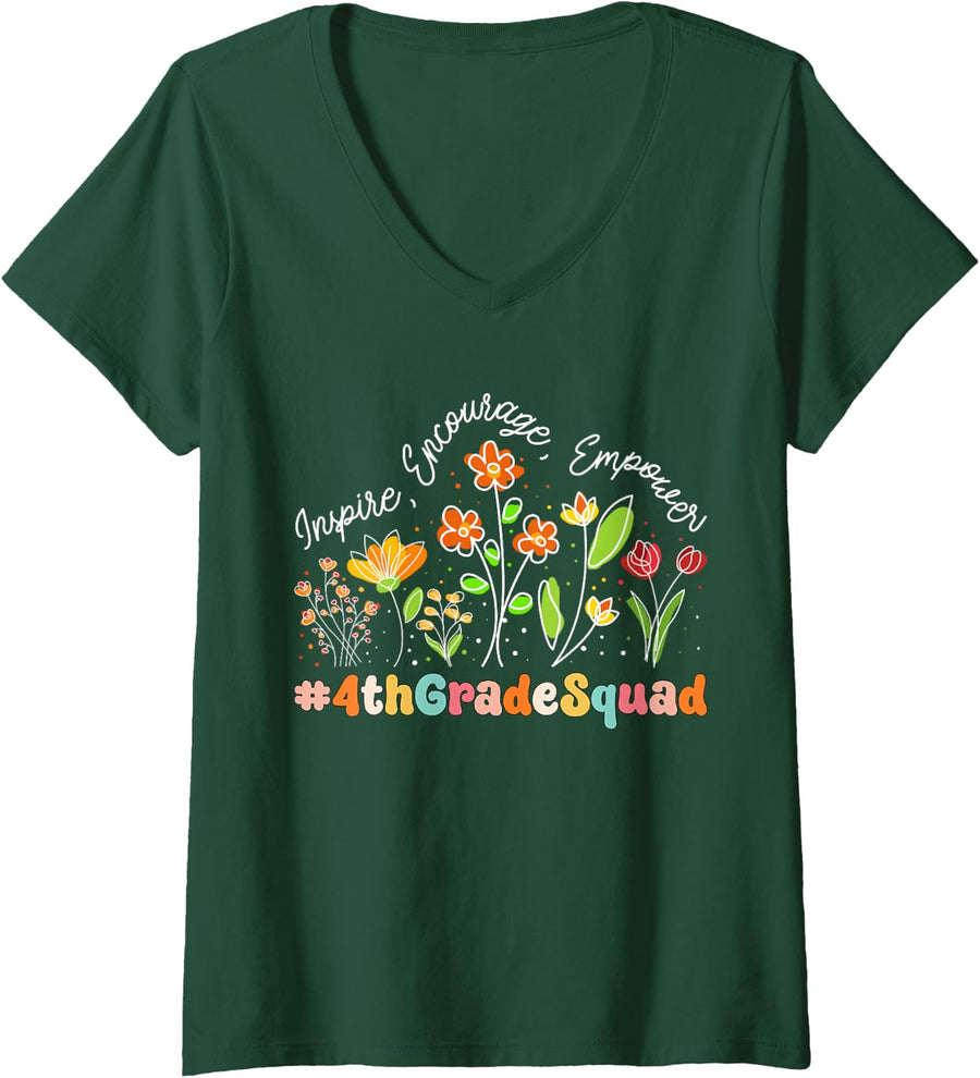 Women's 4th Grade Squad Appreciation Week Teacher Back to School V-Neck T-Shirt - Dark Green