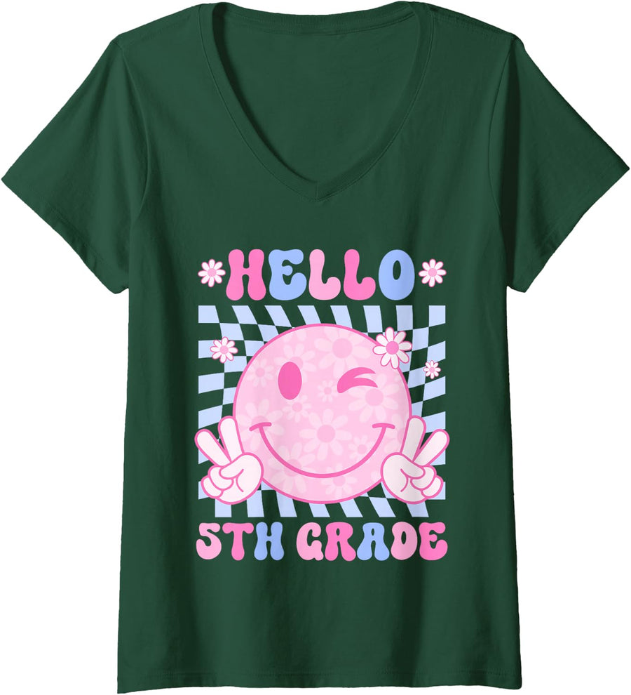 Women's Back to School Hello Fifth 5th Grade Daisy Smile Face Girl V-Neck T-Shirt - Dark Green