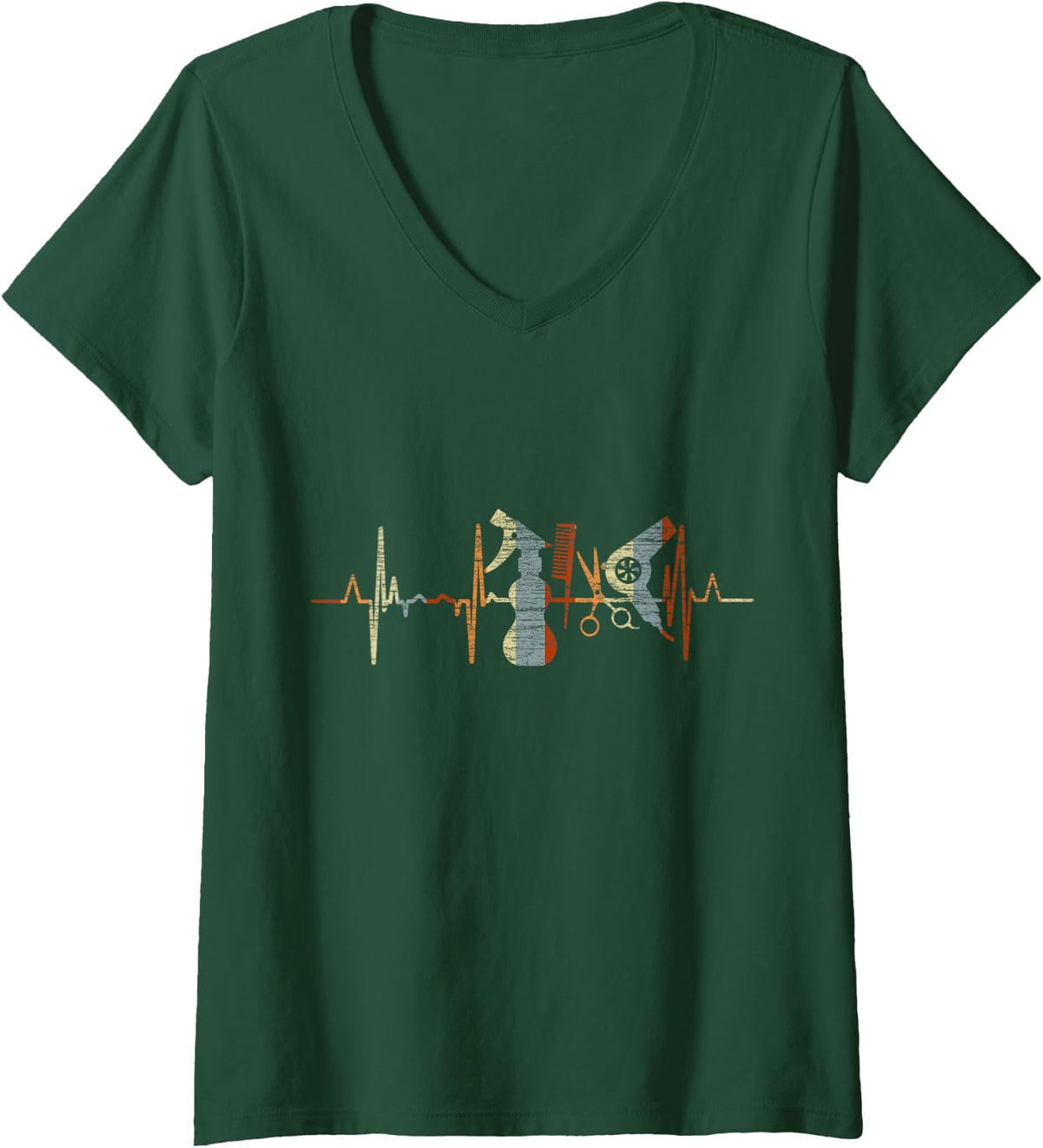 Women's Hairdresser Heartbeat Vintage ECG Cardiogram Retro V-Neck T-Shirt - Dark Green
