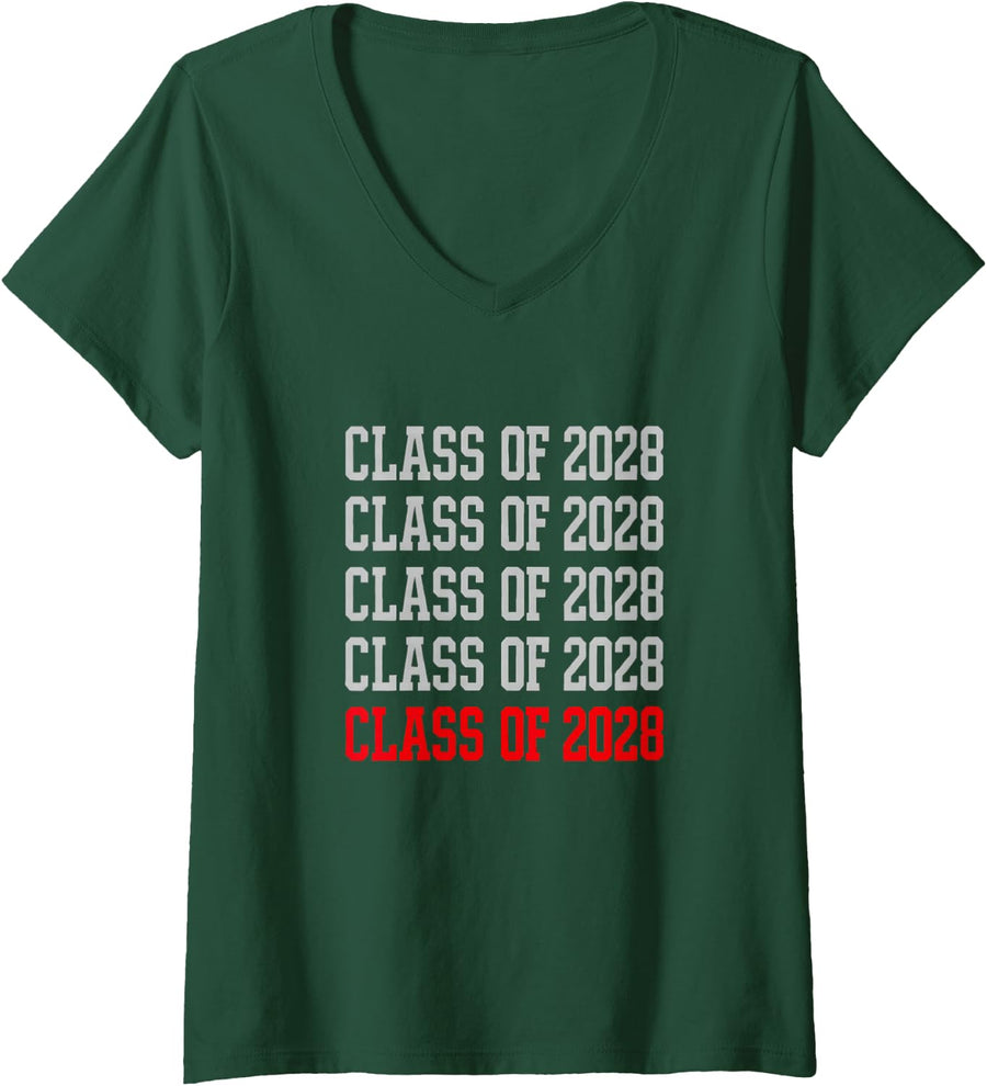 Women's Class of 2028 Stacked Varsity 11th Grade School Junior V-Neck T-Shirt - Dark Green