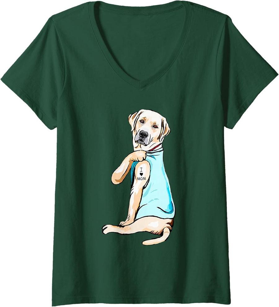 Womens I Love Mom Funny Labrador Tattooed V-Neck T-Shirt - Dark Green