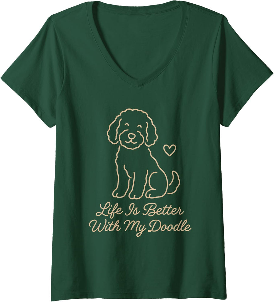 Womens Life is Better with Doodle Goldendoodle Pet Cute Dog Mama V-Neck T-Shirt - Dark Green
