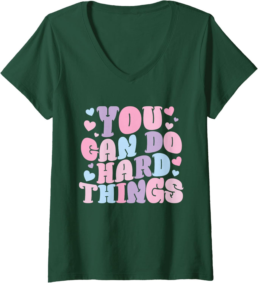 Women's You Can Do Hard Things Back to School Test Day Girls Women V-Neck T-Shirt - Dark Green