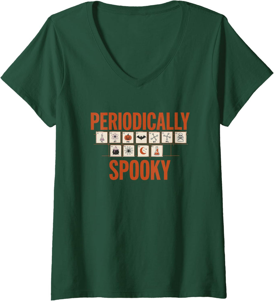 Women's Periodically Spooky Chemistry Halloween Science V-Neck T-Shirt - Dark Green