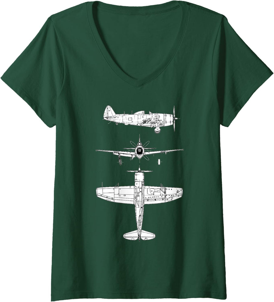 Women's P47 Thunderbolt WW2 Fighter Airplane Blueprint V-Neck T-Shirt - Dark Green
