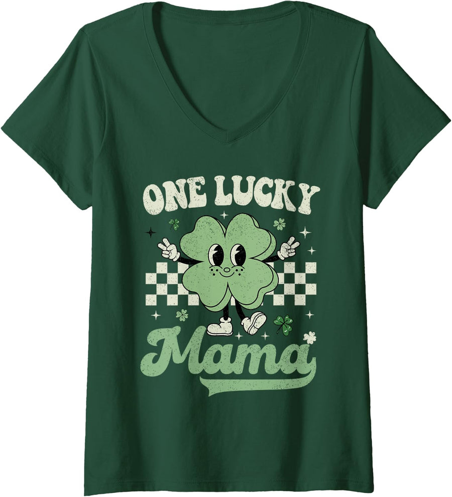 Womens Retro Groovy St Patricks Day One Lucky Mama Hippie Shamrock V-Neck T-Shirt - Dark Green