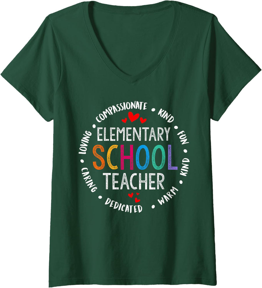 Women's Funny Matching Elementary School Teacher Back to School V-Neck T-Shirt - Dark Green