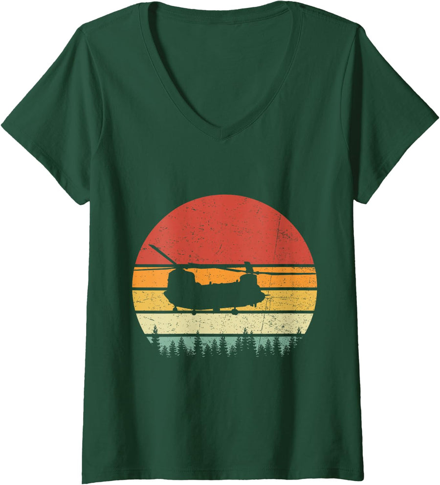 Women's CH-47 Chinook Retro Vintage US Military Helicopter Aviation V-Neck T-Shirt - Dark Green