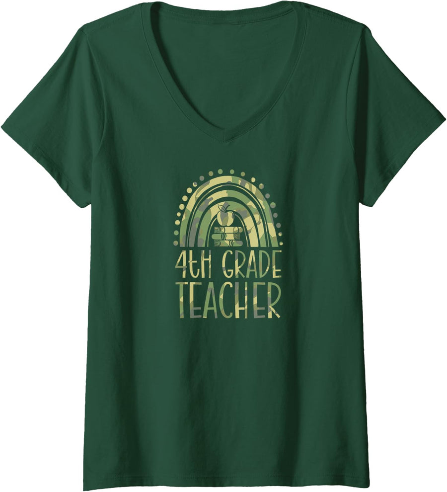 Women's 4th Grade Teacher Bohemian Rainbow Wholesome Aesthetic V-Neck T-Shirt - Dark Green