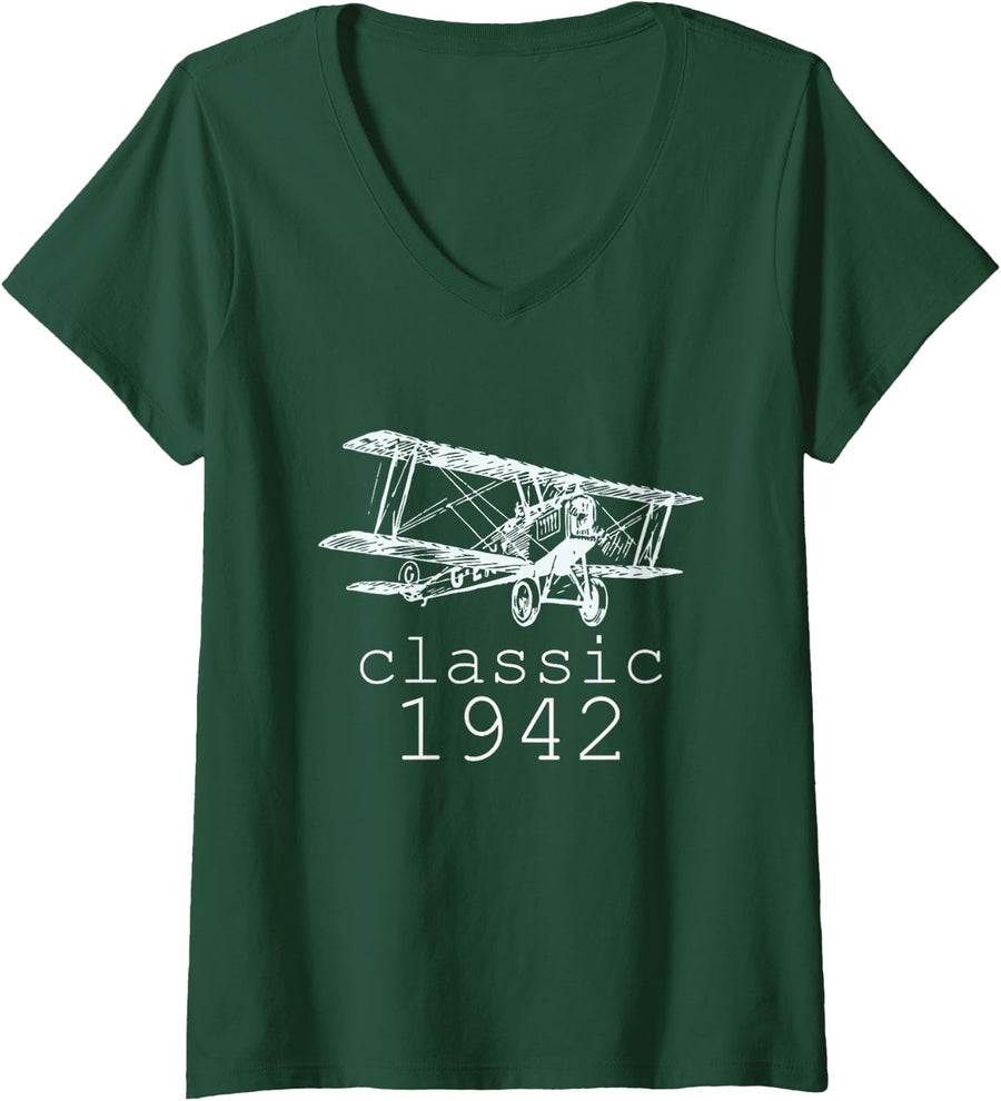 Women's Classic 1942 Vintage Biplane Aviation 80th Birthday Shirt V-Neck T-Shirt - Dark Green