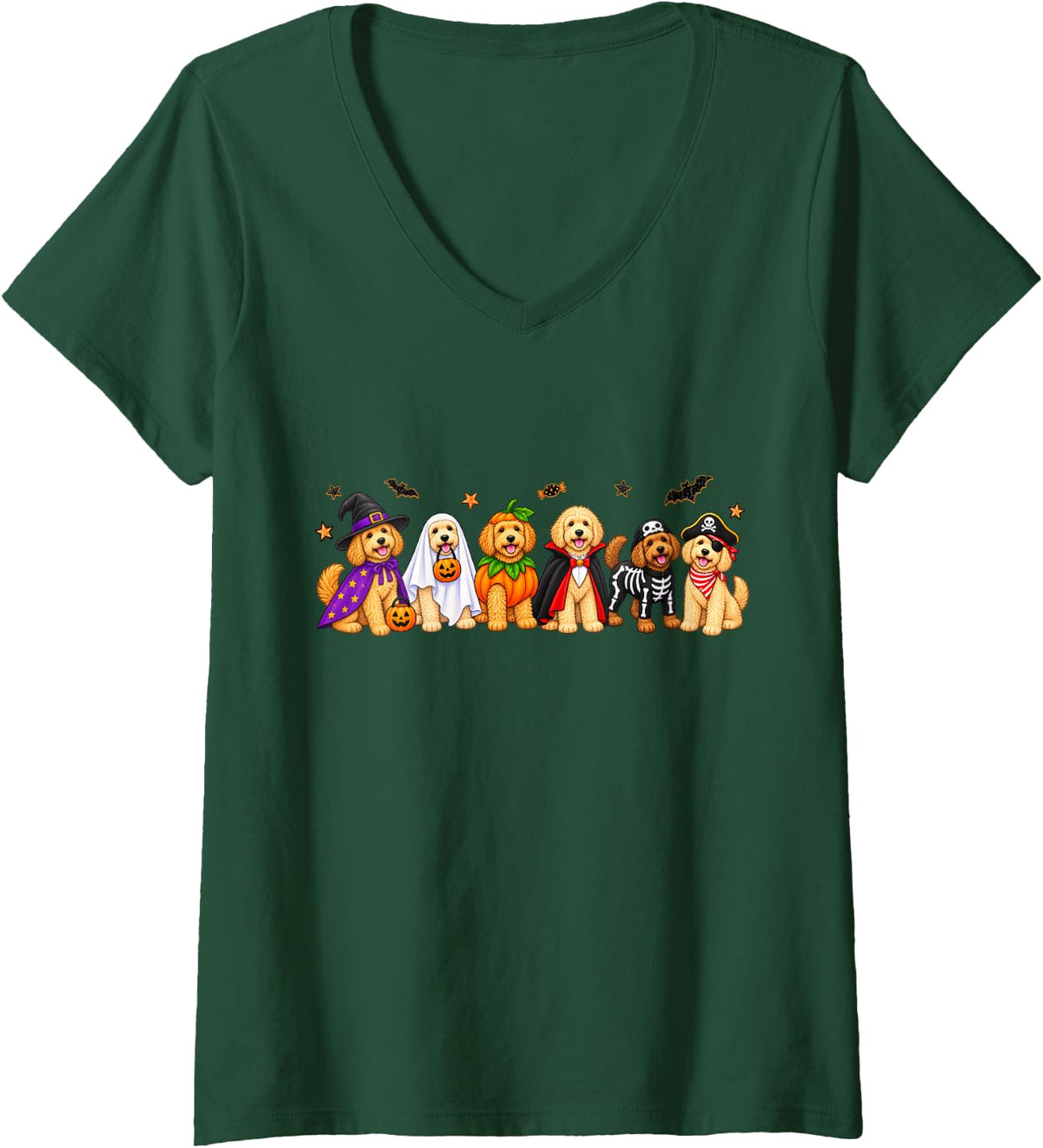 Women's Cute Spooky Ghost Goldendoodle Pumpkin Halloween Dog Costume V-Neck T-Shirt - Dark Green
