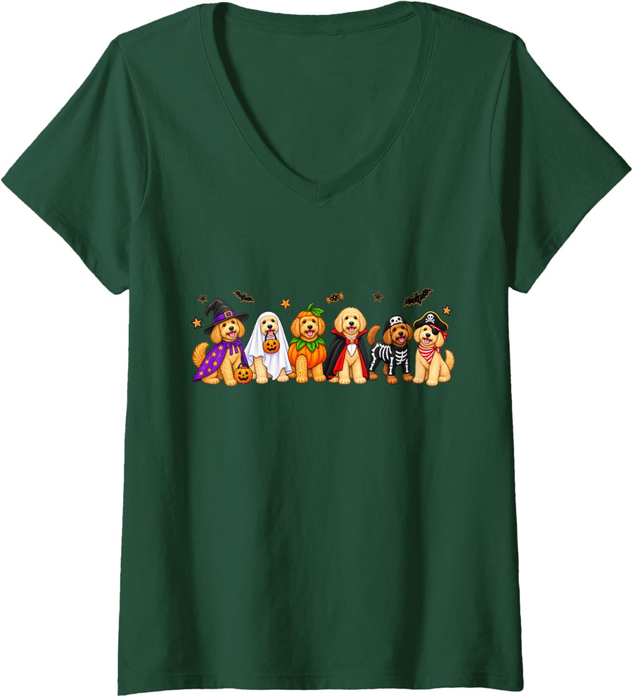 Women's Cute Spooky Ghost Goldendoodle Pumpkin Halloween Dog Costume V-Neck T-Shirt - Dark Green