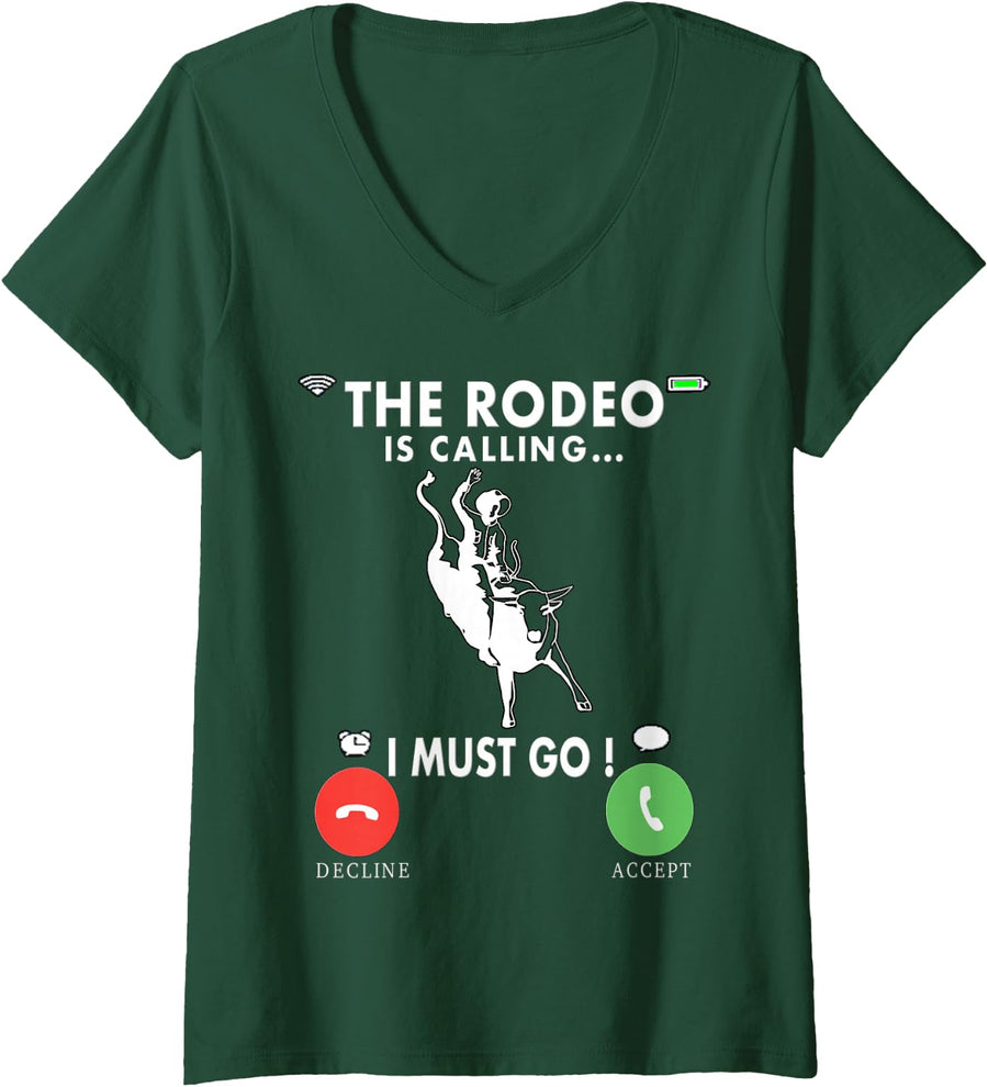 Women's The Rodeo is Calling Bull Rider Cowboy Bull Riding V-Neck T-Shirt - Dark Green