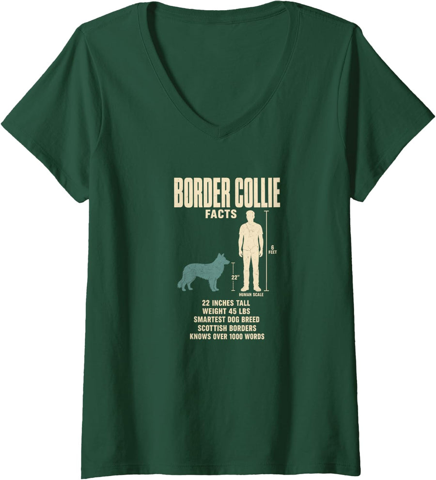 Women's Border Collie Facts Dog Breed Size Comparison Chart V-Neck T-Shirt - Dark Green