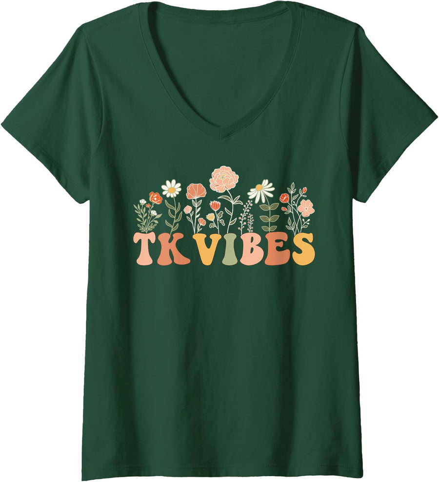 TK Vibes Wildflower Retro Teacher Daisy Kid Back to School V-Neck T-Shirt - Dark Green