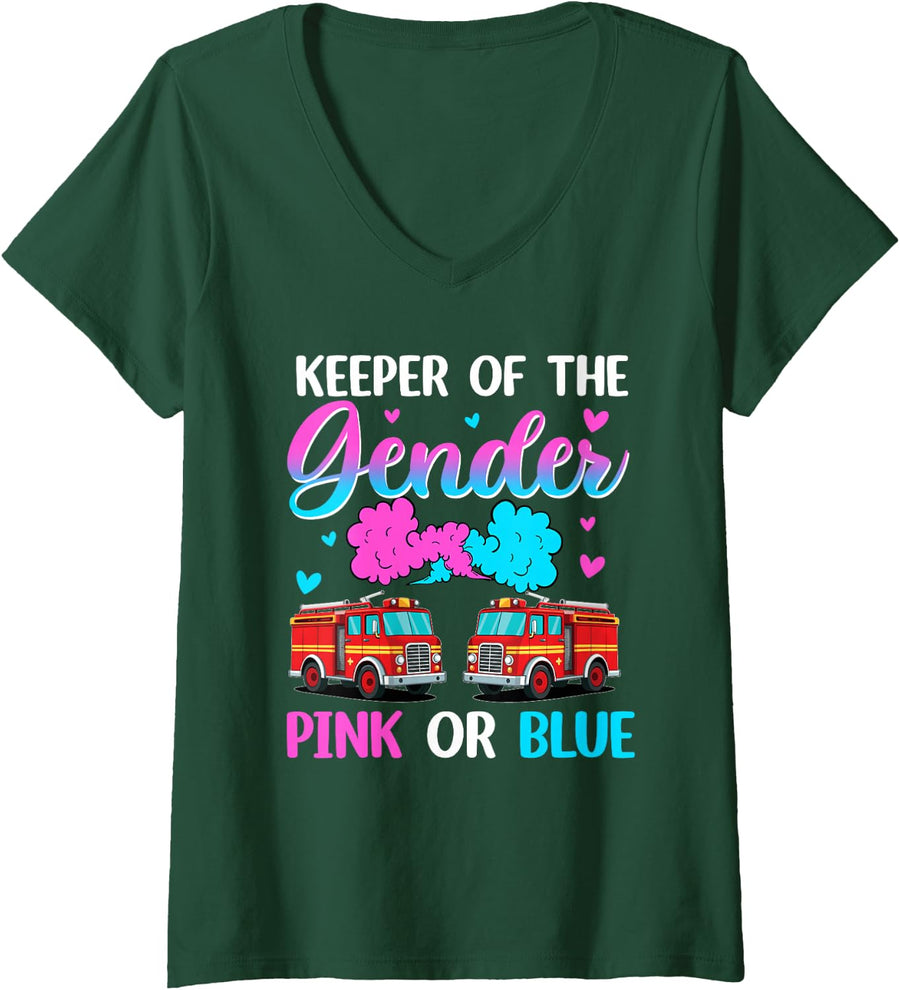 Womens Keeper Of The Gender Pink Or Blue Firefighter Gender Reveal V-Neck T-Shirt - Dark Green