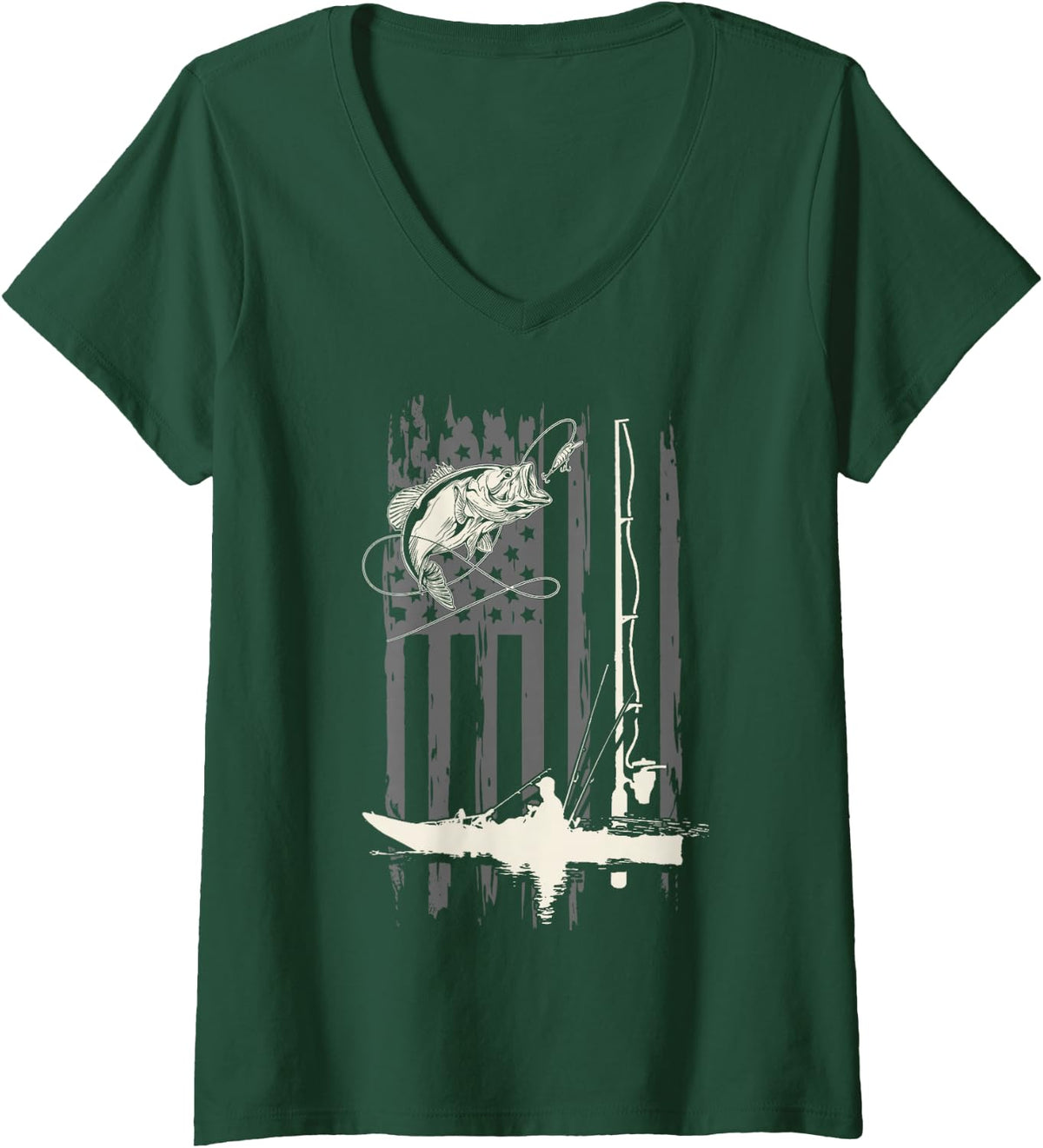 Women's American Flag Funny Bass Kayak Fishing Fisher Fisherman USA V-Neck T-Shirt - Dark Green