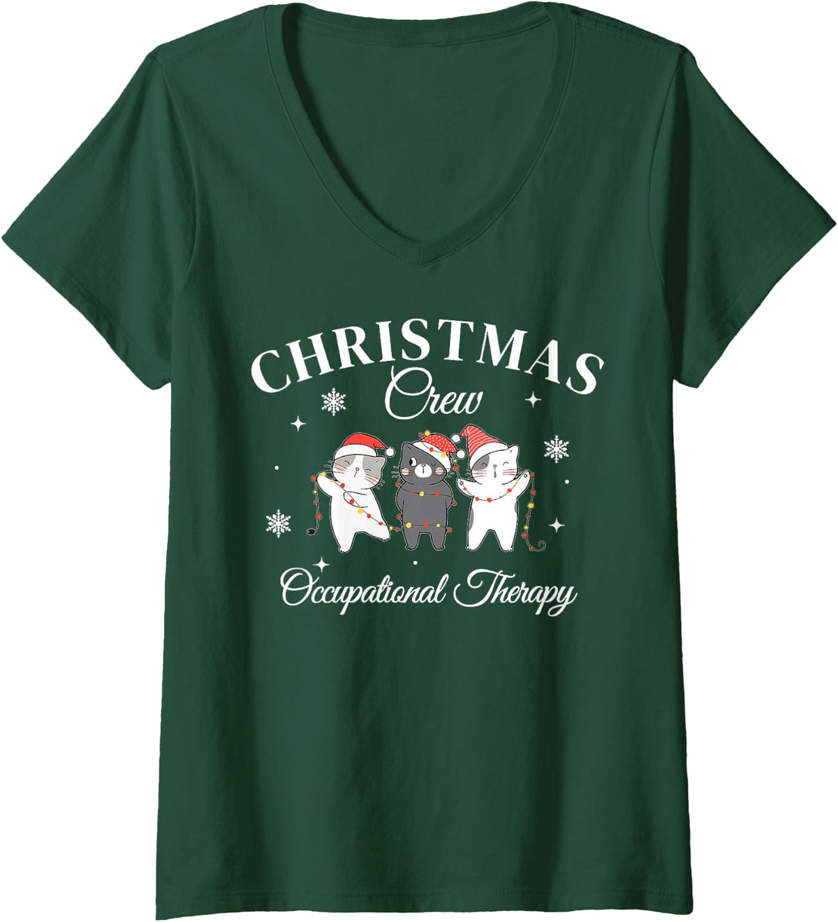 Women's Christmas Crew Occupational Therapy Cat OT Sped Teacher V-Neck T-Shirt - Dark Green