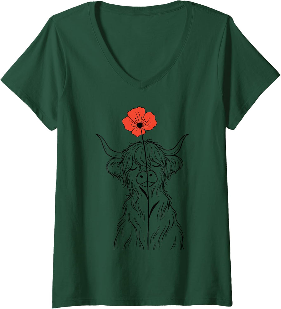 Women's Cute Highland Cow Flower V-Neck T-Shirt - Dark Green