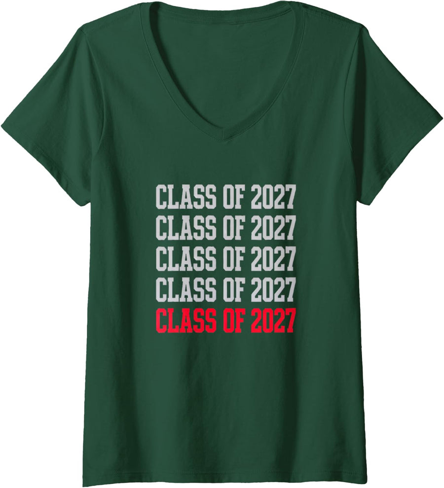 Women's Class of 2027 Stacked Varsity 12th Grade School Senior V-Neck T-Shirt - Dark Green