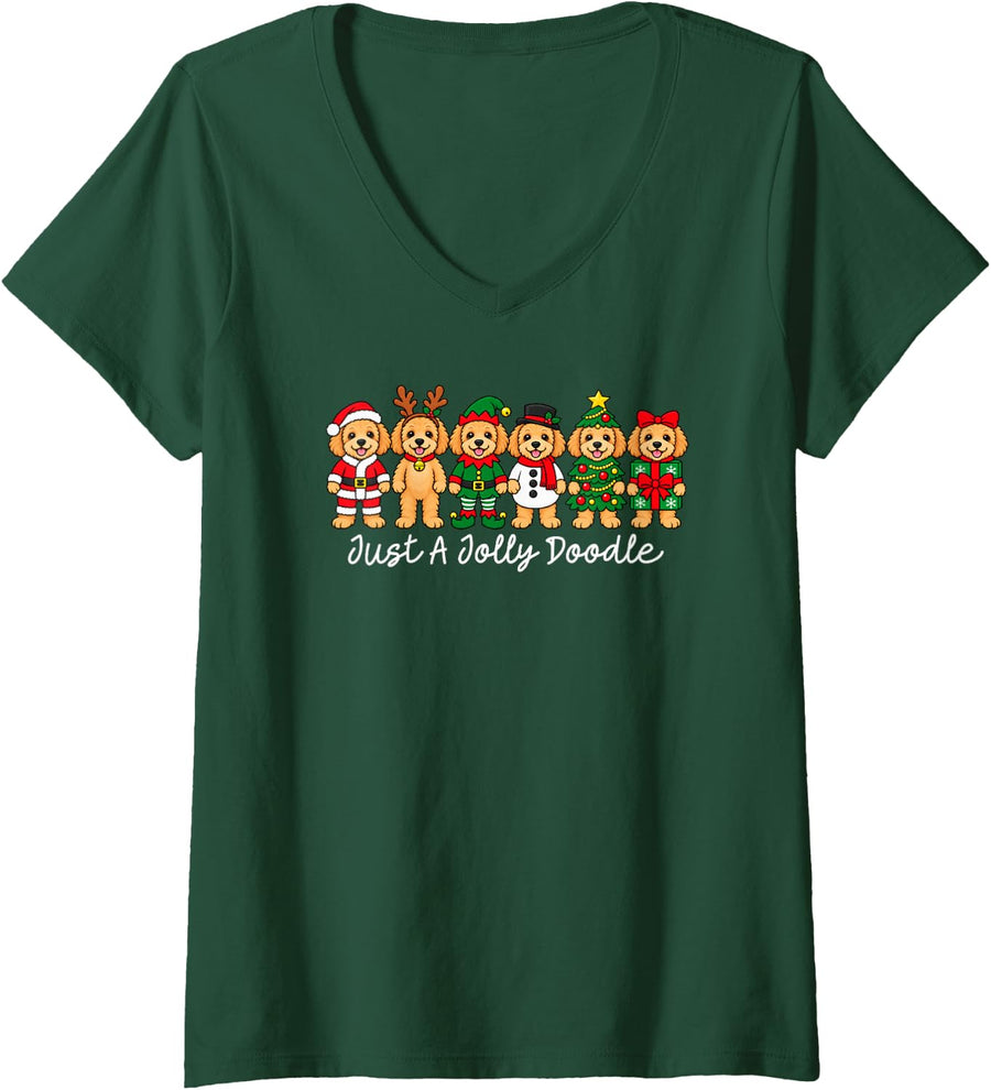 Women's Goldendoodle Christmas Shirt Just A Jolly Doodle Dog Xmas V-Neck T-Shirt - Dark Green