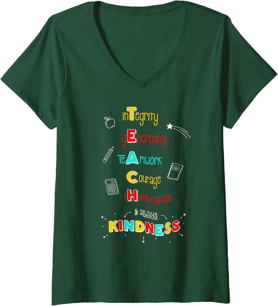 Women's Teach Kindness Integrity Generosity Teamwork Courage V-Neck T-Shirt - Dark Green