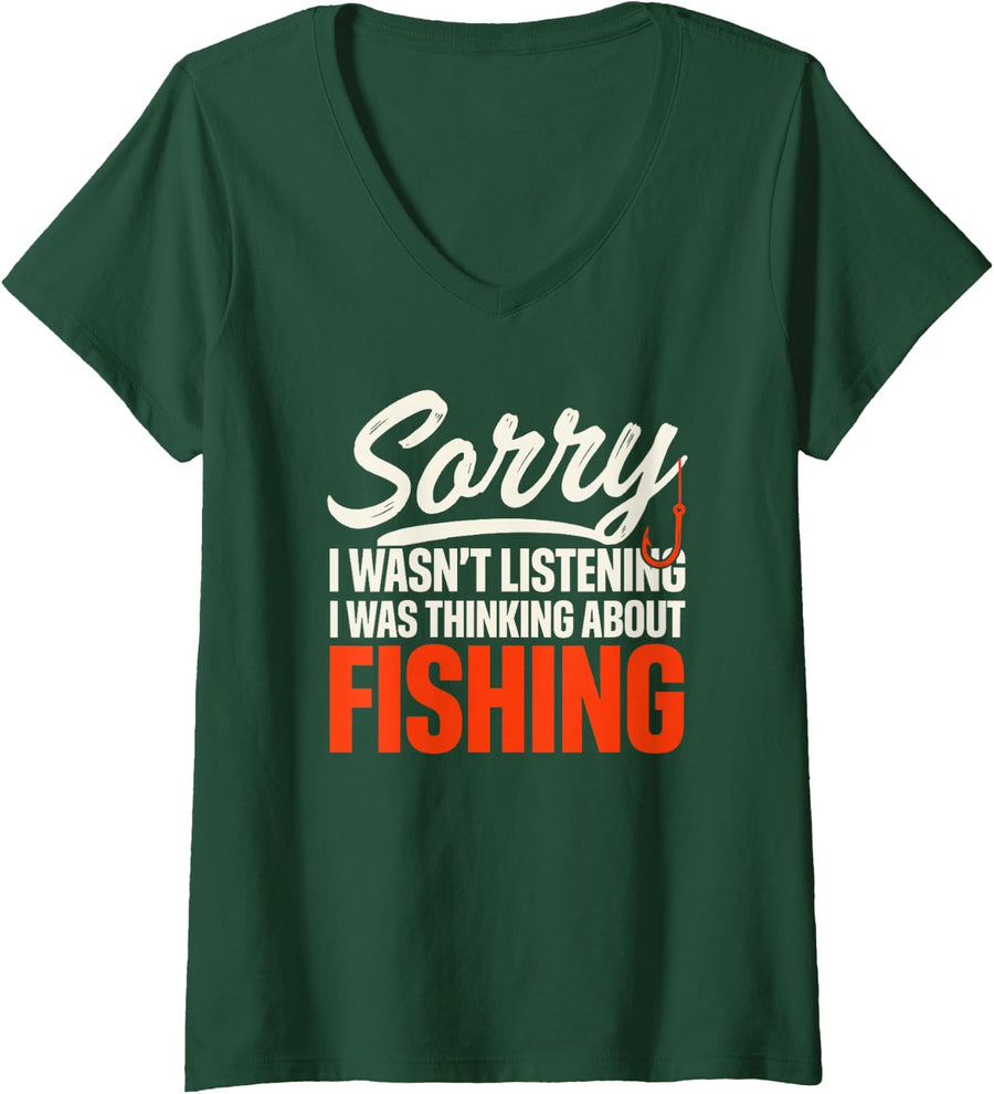 Women's I was Thinking About Fishing Crappie Angler Humor for Women V-Neck T-Shirt - Dark Green