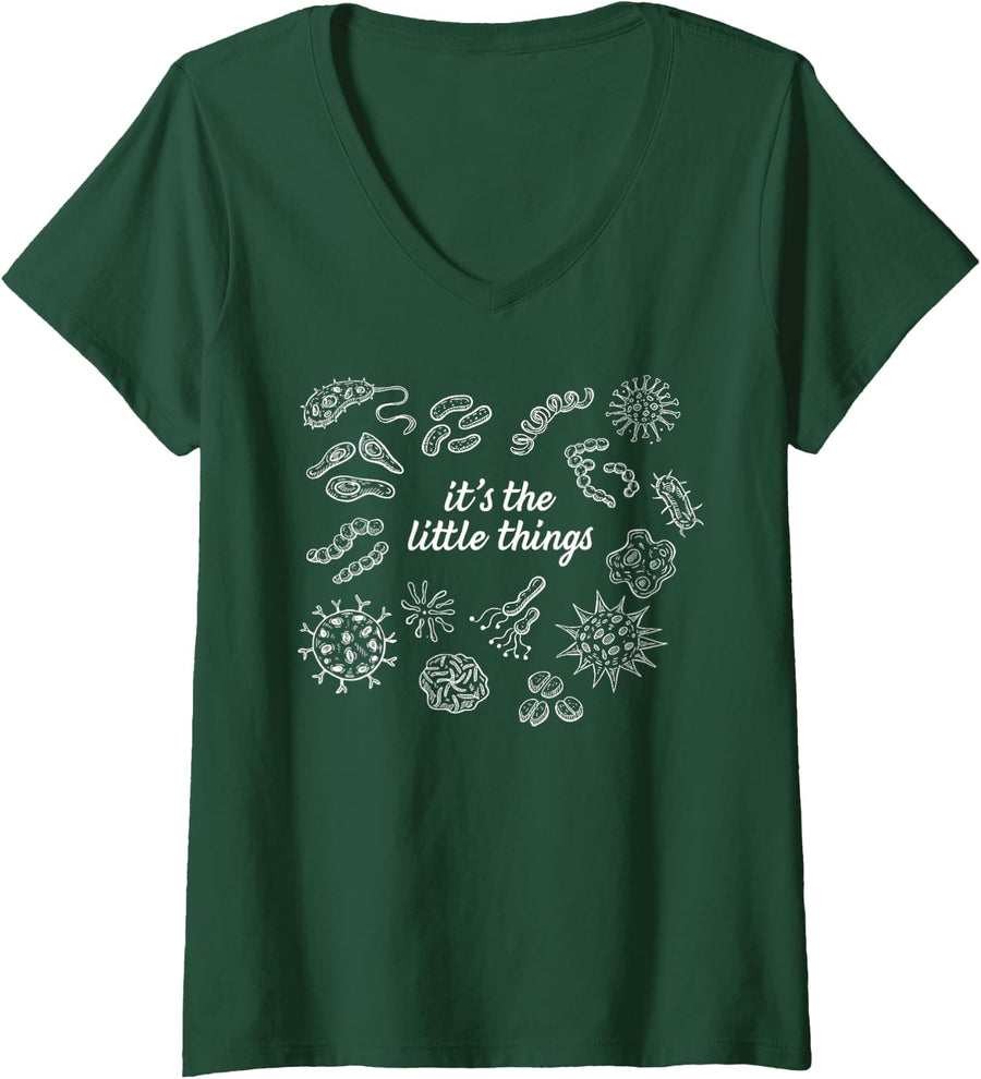 Women's It's The Little Things Bacteria Microbiology Science Teacher V-Neck T-Shirt - Dark Green