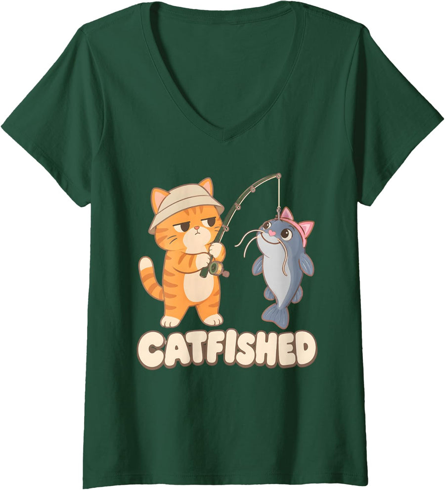 Women's Catfished Fishing Cat V-Neck T-Shirt - Dark Green