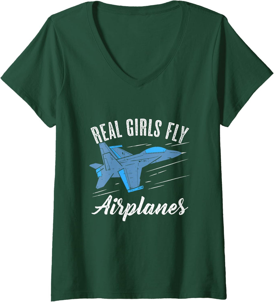 Women's Girls Fly Airplanes Funny Aviation Future Pilot Jet Lovers V-Neck T-Shirt - Dark Green