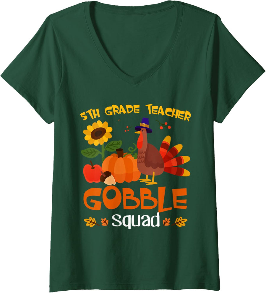 Women's 5th Grade Teacher Gobble Squad Turkey Thanksgiving V-Neck T-Shirt - Dark Green
