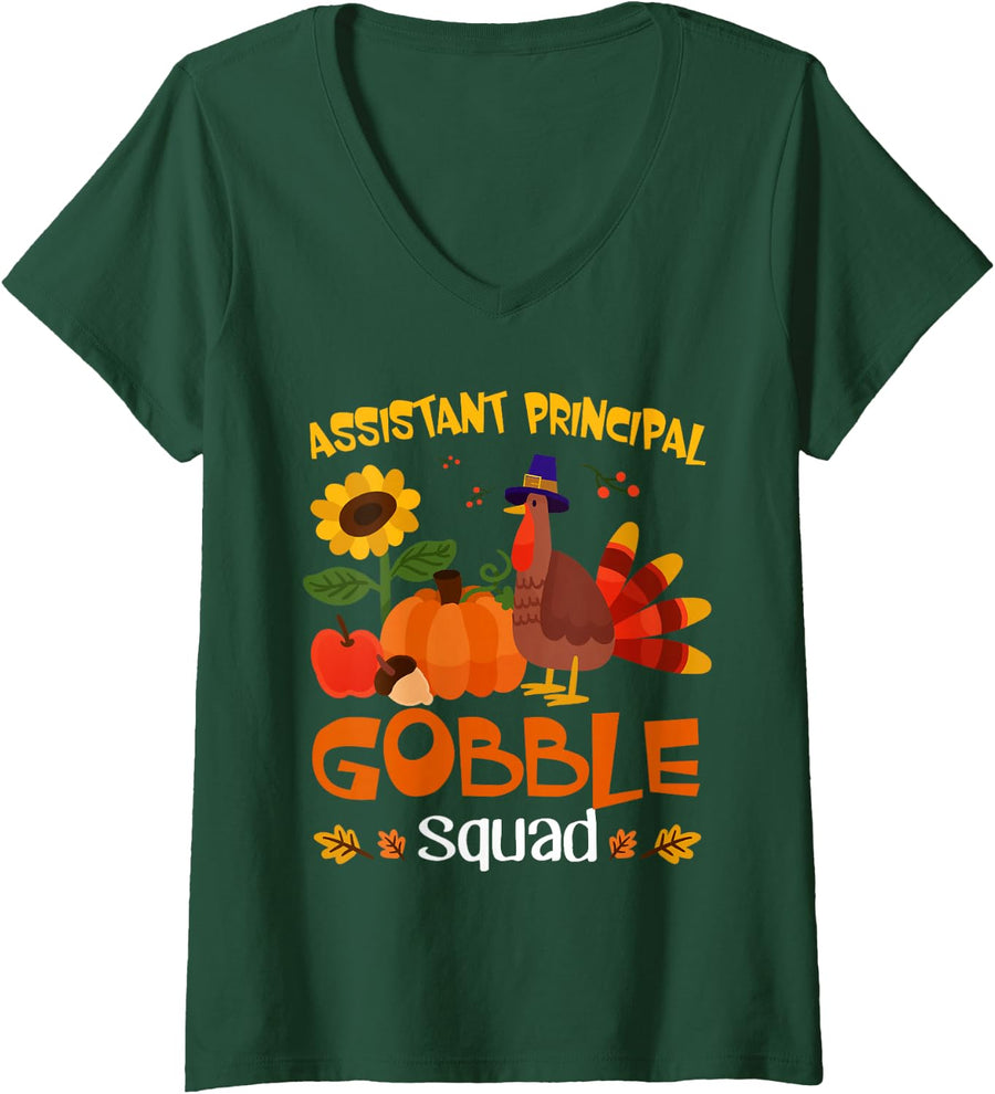 Women's Assistant Principal Gobble Squad Turkey Thanksgiving V-Neck T-Shirt - Dark Green