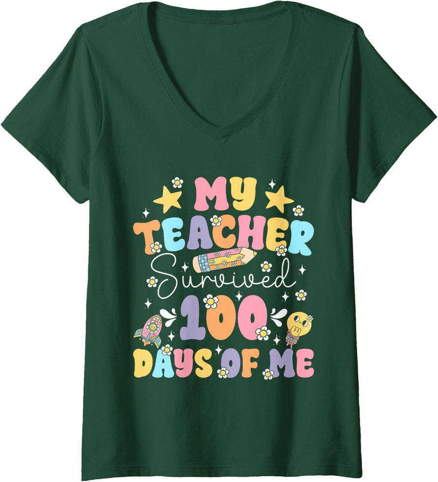 Women's 100 Days 100th Day of School for Girls Boys & Teacher V-Neck T-Shirt - Dark Green