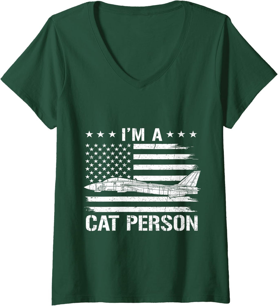 Women's I'm A Cat Person Funny F-14 Tomcat Flag US Fighter Jet V-Neck T-Shirt - Dark Green