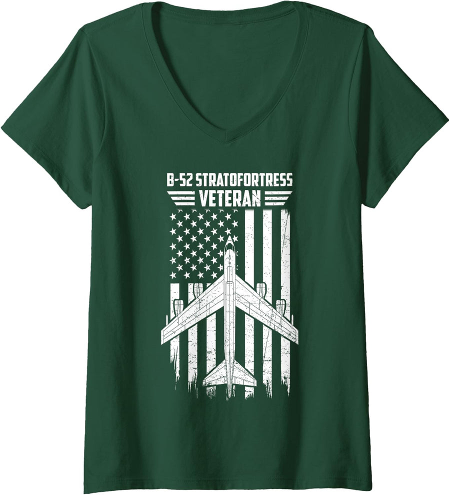 Women's B-52 Stratofortress Veteran Flag US Strategic Bomber V-Neck T-Shirt - Dark Green