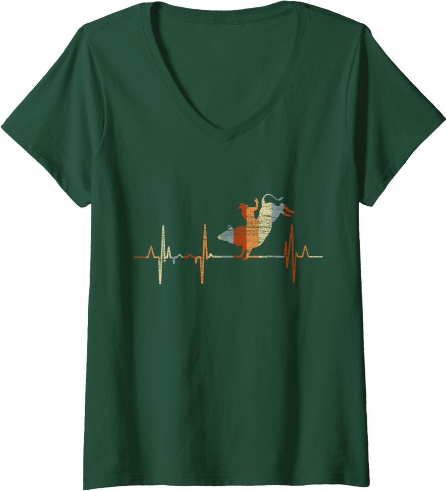 Women's Bull Riding Heartbeat Vintage ECG Cardiogram Retro V-Neck T-Shirt - Dark Green