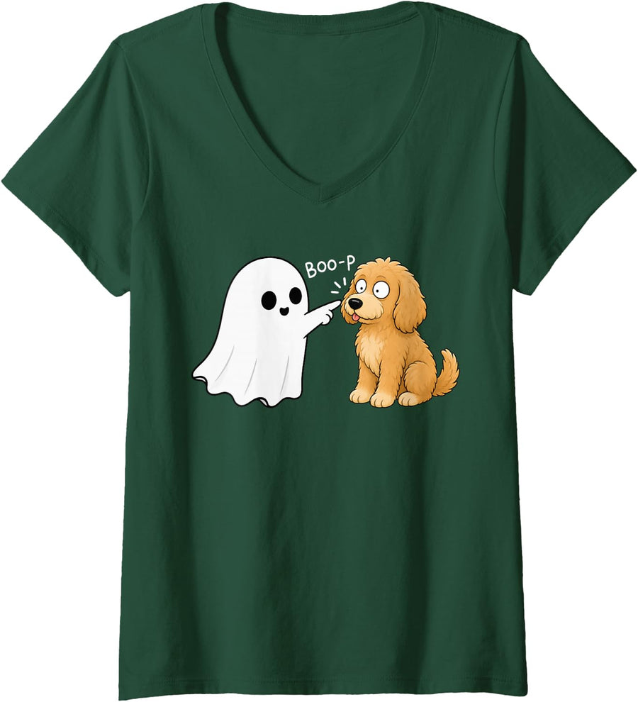 Women's Cute Goldendoodle Dog Boop Ghost Halloween V-Neck T-Shirt - Dark Green