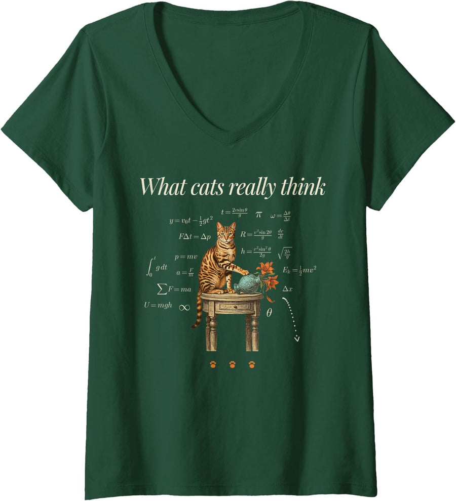 Women's What Cats Really Think Bengal Cat Physics Science Nerd V-Neck T-Shirt - Dark Green