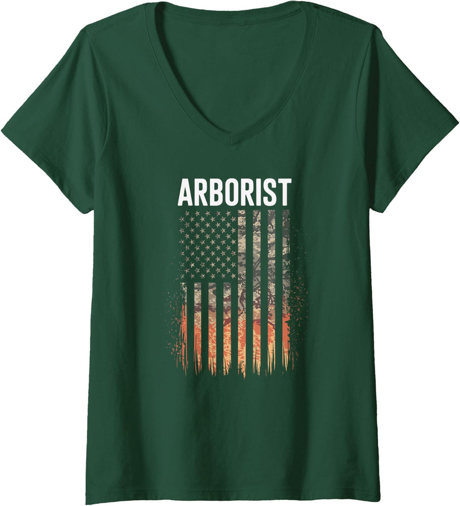 Women's Arborist American Flag Forest Worker V-Neck T-Shirt - Dark Green