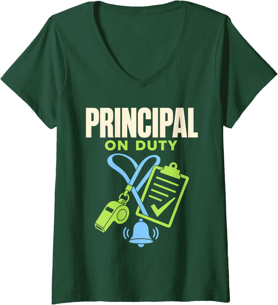 Women's Principal On Duty School Teacher Staff V-Neck T-Shirt - Dark Green