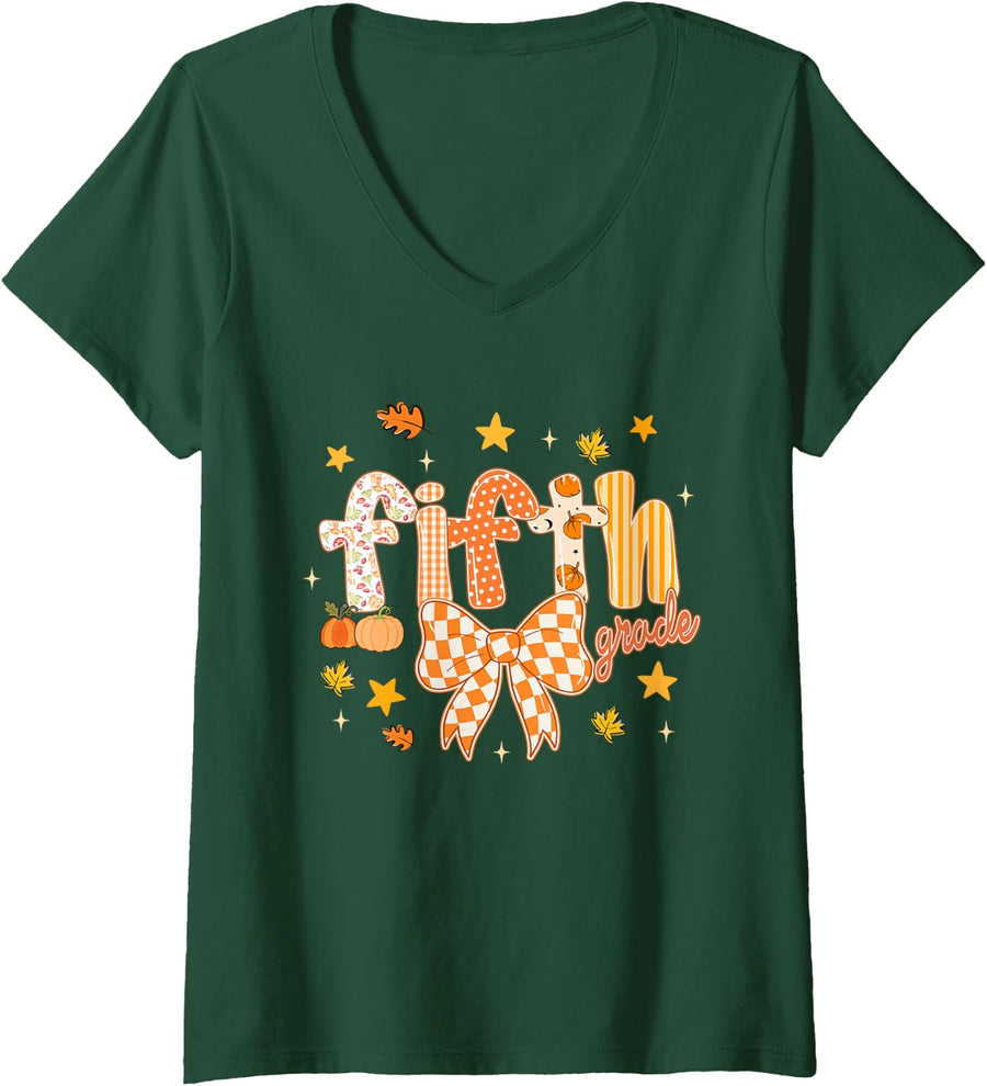 Women's Fifth Grade Squad Bow Pumpkin Fall First Day of School V-Neck T-Shirt - Dark Green