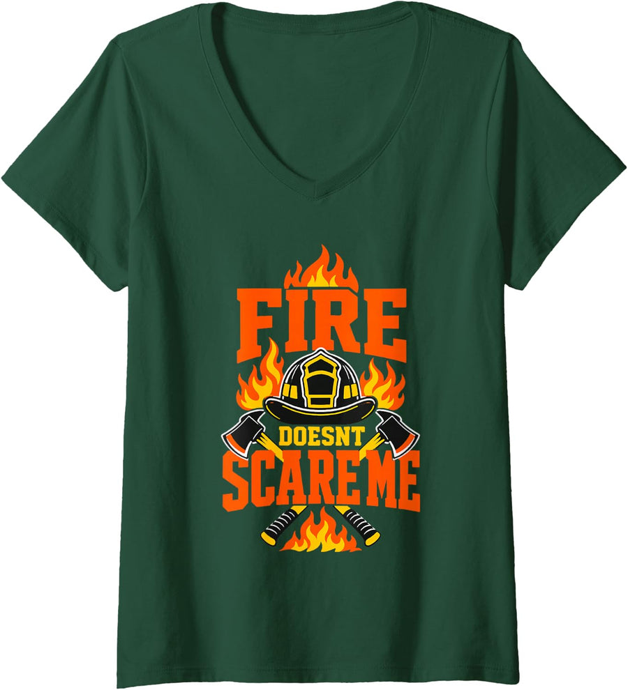 Women's Fire Doesnt Scare Me Firefighter Helmet Axes Flames V-Neck T-Shirt - Dark Green