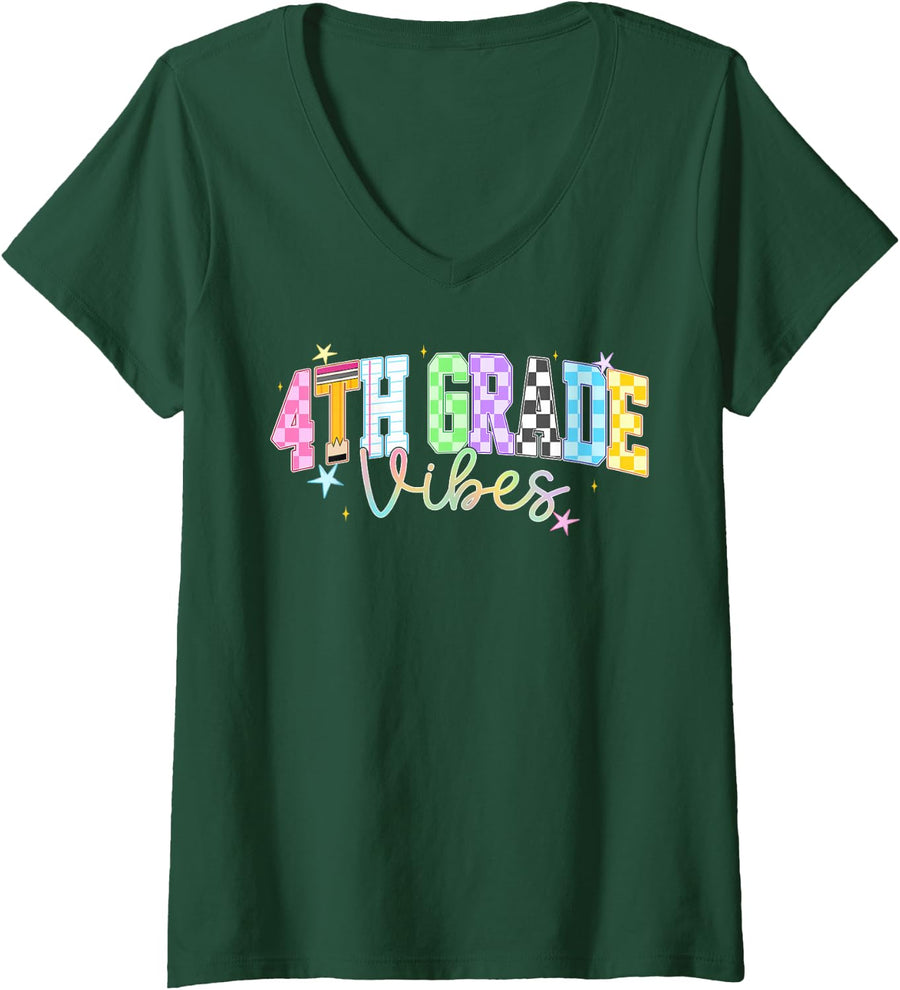 Women's 4th Grade Vibes Shirts Teacher Back to School Fourth Grade V-Neck T-Shirt - Dark Green