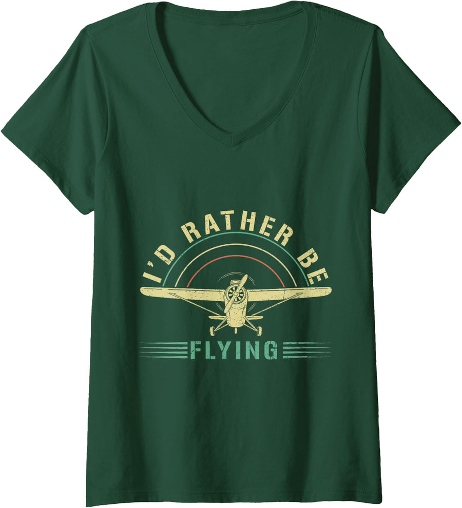 Women's I'd Rather Be Flying Vintage C172 Skyhawk Airplane Pilot V-Neck T-Shirt - Dark Green