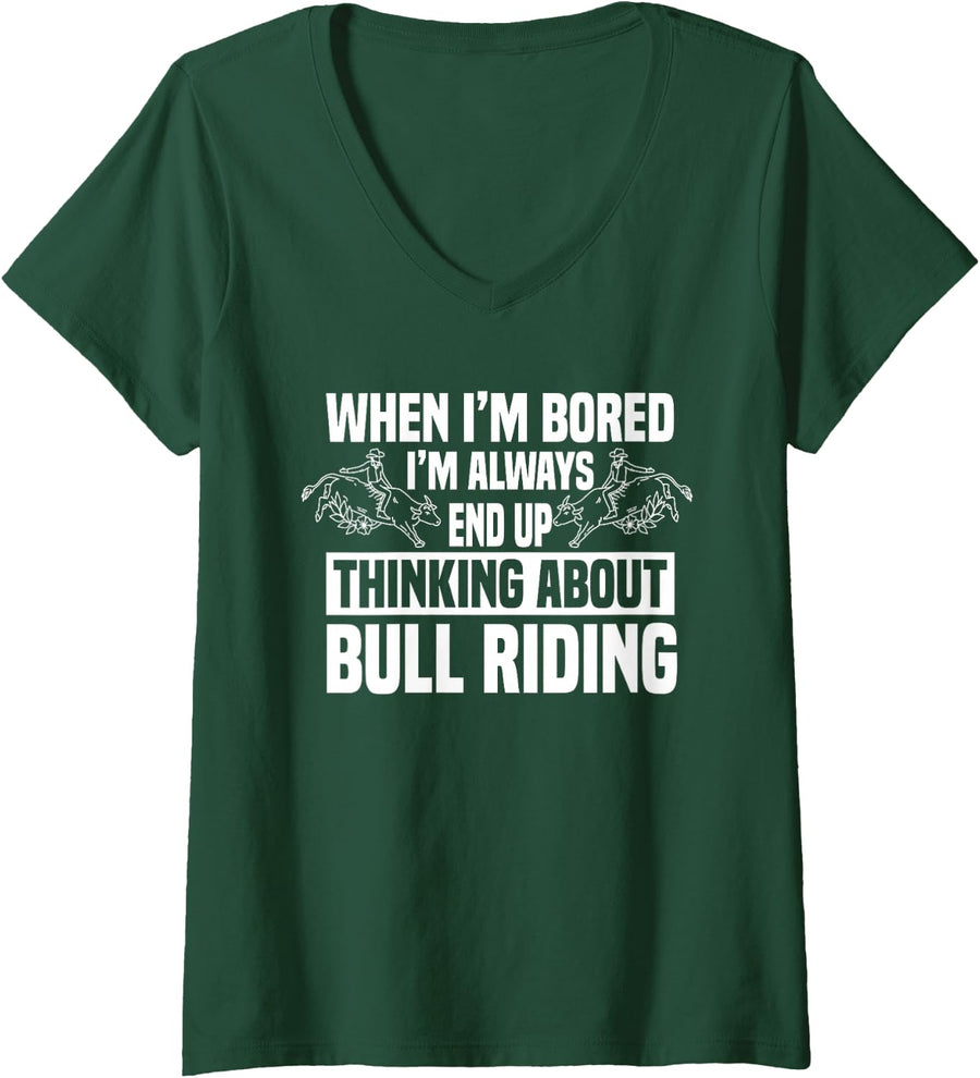 Women's Bull Riding Traditional Rodeo Sport V-Neck T-Shirt - Dark Green